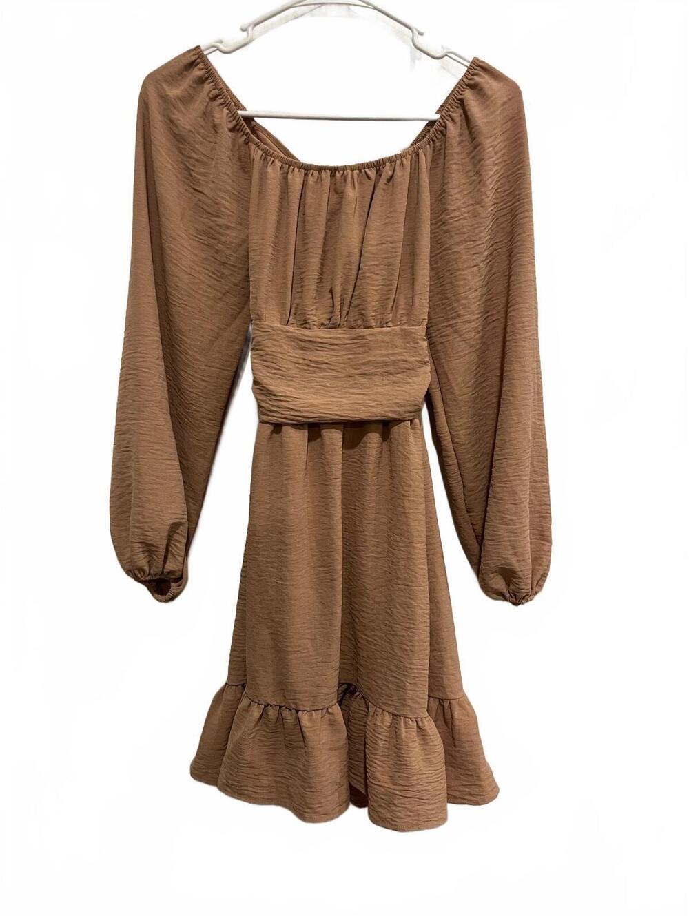 Women's Brown Long Sleeve Ruffle Hem Dress with Back Tie, Size XS, 100% Polymer